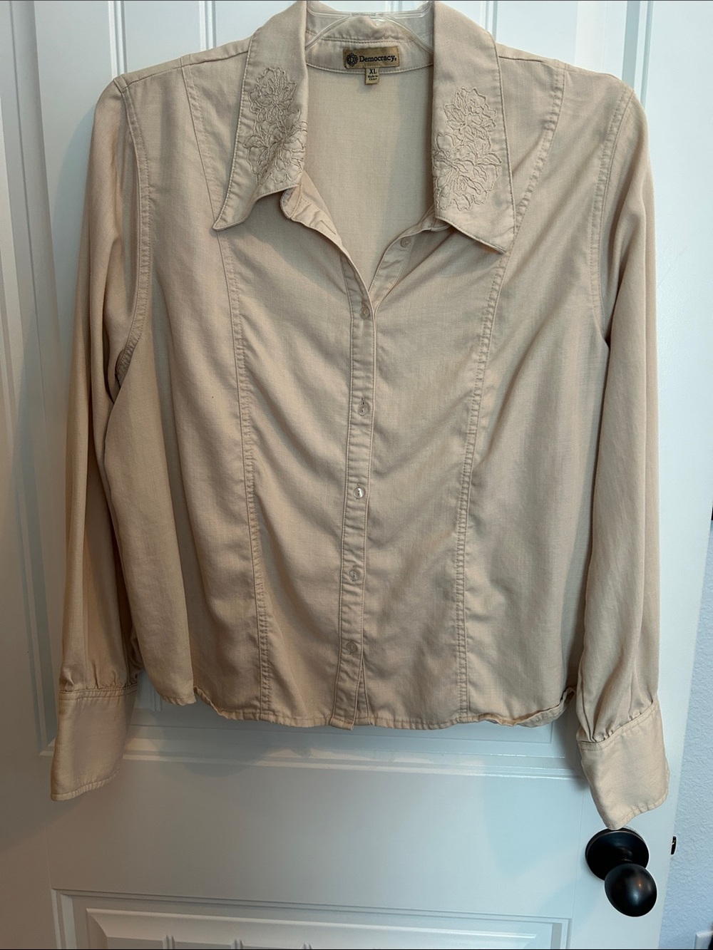 Democracy Beige Button-Front Shirt with Embroidered Collar